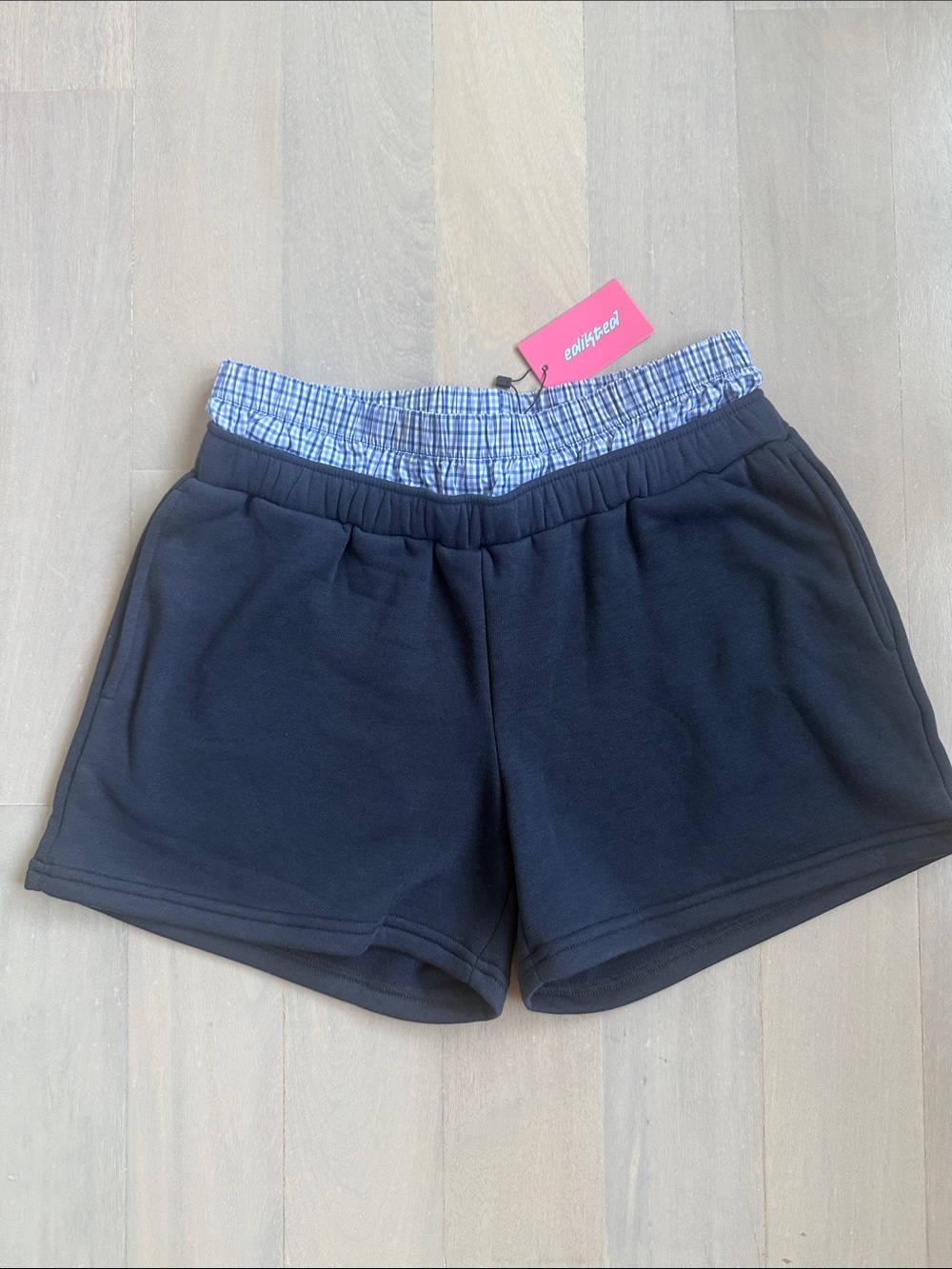 Edikted 🩵 Navy Women's Active Lounge Shorts with Plaid Boxer Detail Size Medium - Picture 3 of 6